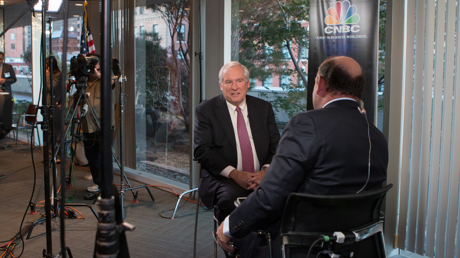 Image of Eric S. Rosengren being interviewed by CNBC at the Boston Federal Reserve Bank of Boston.
