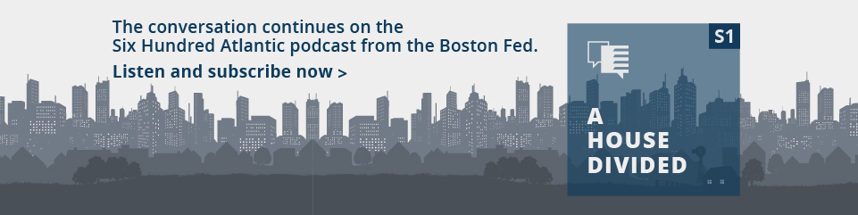 A vector illustration of a city scape, in the background with a suburban scape in front of it, with a rural landscape in front of both. A House Divided podcast badge sits on top of the landscapes, with text above them saying 'The conversation continues on the Six Hundred Atlantic podcast from the Boston Fed. Listen and subscribe now.'