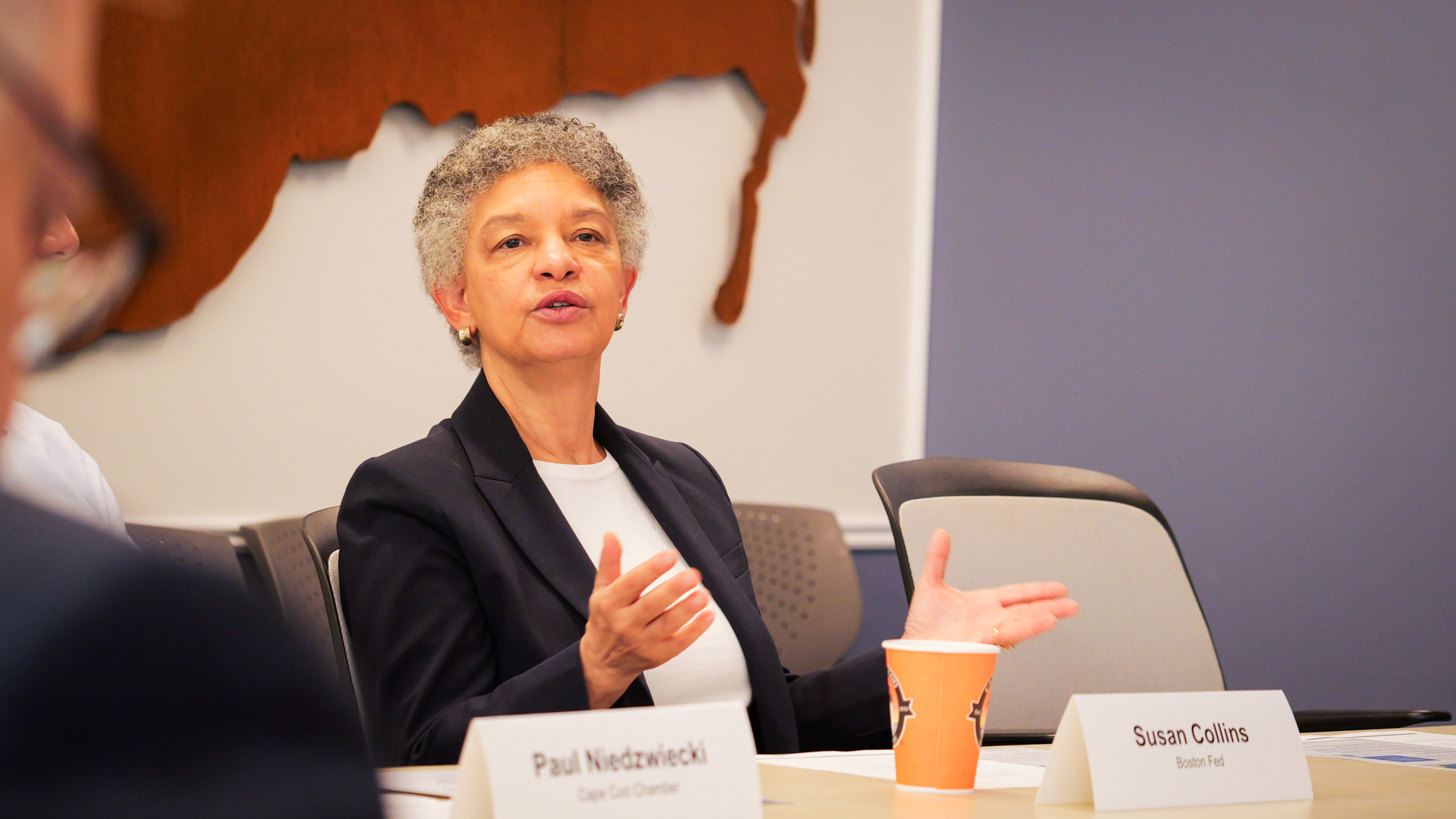 Susan M. Collins speaking during the hospitality roundtable discussion hosted by the Cape Cod Chamber of Commerce in Centerville, MA.