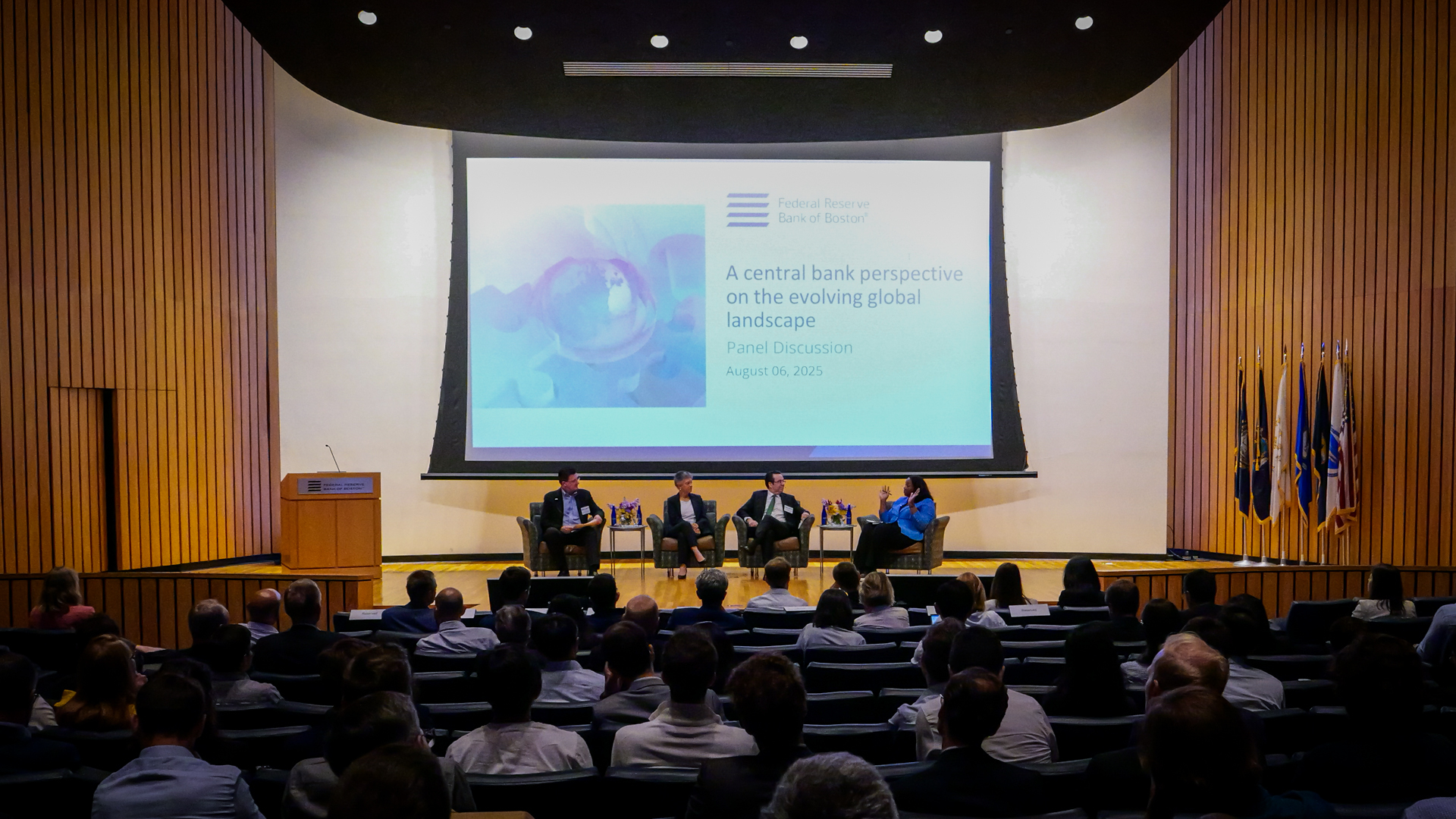 A Boston Fed-hosted panel featuring Federal Reserve Board Governor Lisa D. Cook, Federal Reserve Bank of Boston President & CEO Susan M. Collins, Federal Reserve Bank of Boston EVP and Director of Research Egon Zakrajšek, and Central Bank of Chile Board Member Luis Felipe Céspedes.
