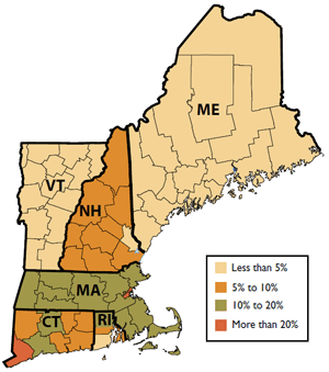 map of new englald showing new england foreign-born population