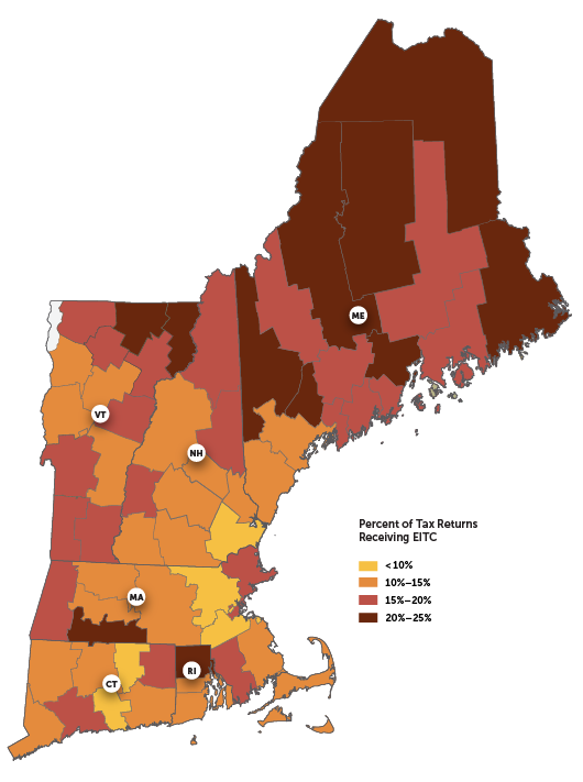 A map of New England showing percent of tax returns receiving Earned Income Tax Credit