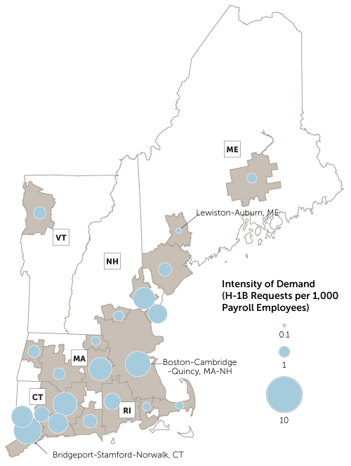 map depicting intensity of demand for h-1b requests per 1000 payroll employees