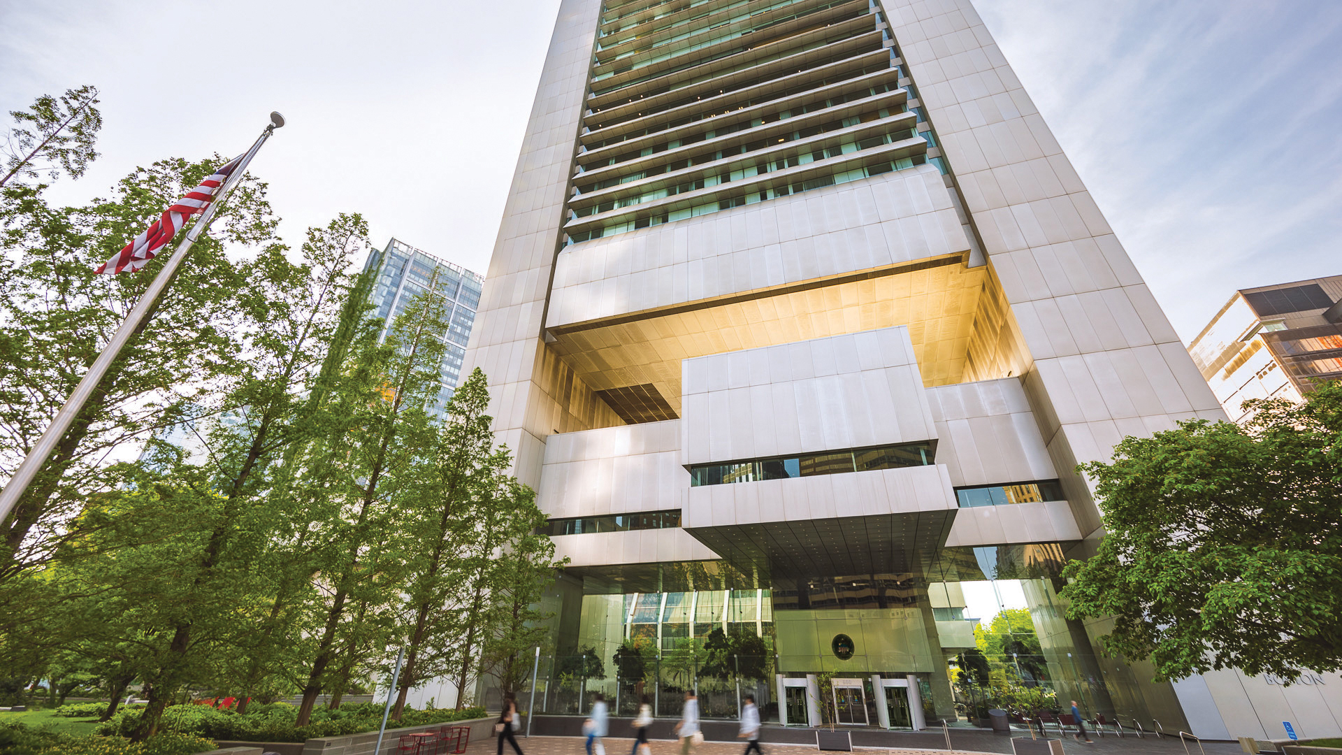 The plaza and entrance of the Boston Fed building in Boston.